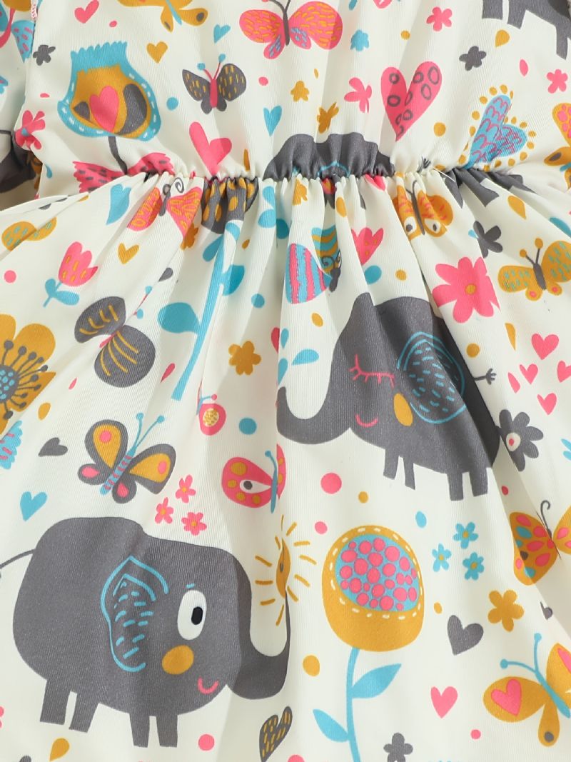 2 Stk Baby Jenter Causal Ruffed Dress Med Tegneserie Elefant Blomstertrykk & Sløyfe Pannebånd Til Fest