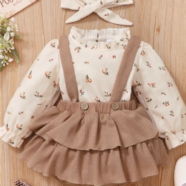 3 Stk Jentebaby Floral Ruffle Sleeve Top & Suspender Tiered Skjørt & Pannebåndsett