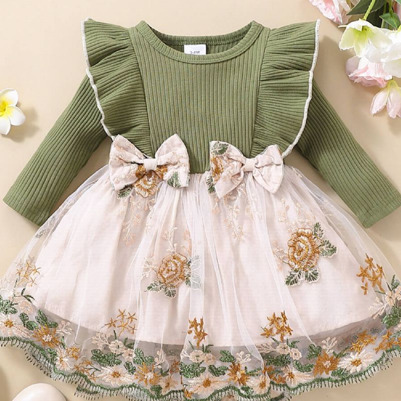 Baby Floral Patchwork Bowknot Dekor Ruffled Sleeve Dress