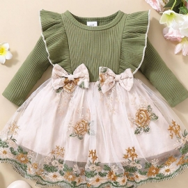 Baby Floral Patchwork Bowknot Dekor Ruffled Sleeve Dress