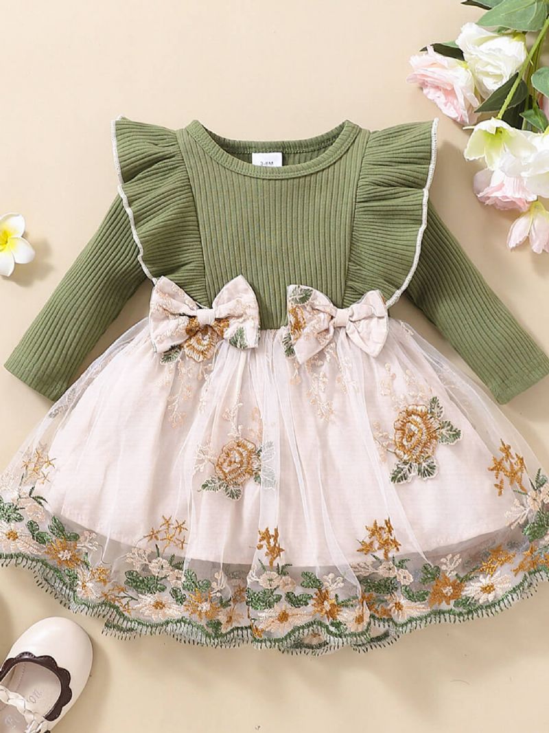 Baby Floral Patchwork Bowknot Dekor Ruffled Sleeve Dress