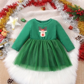 Baby Jenter Casual Stitching Mesh Princess Dress With Elk Print For Christmas Party