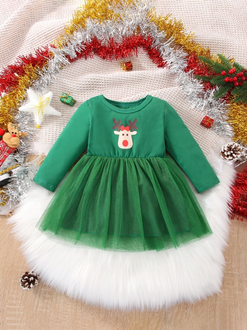 Baby Jenter Casual Stitching Mesh Princess Dress With Elk Print For Christmas Party