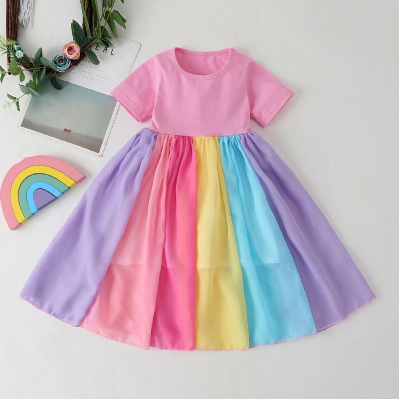 Baby Jenter Color Block Dress Kortermet Rainbow Mesh Festkjole Barneklær