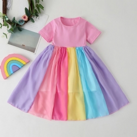 Baby Jenter Color Block Dress Kortermet Rainbow Mesh Festkjole Barneklær