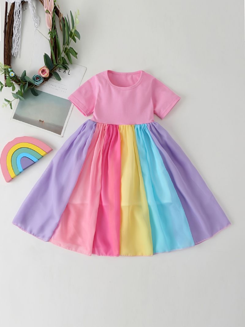 Baby Jenter Color Block Dress Kortermet Rainbow Mesh Festkjole Barneklær