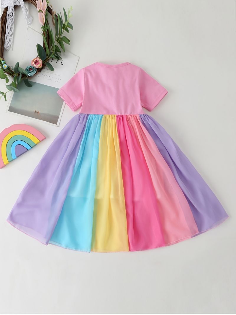 Baby Jenter Color Block Dress Kortermet Rainbow Mesh Festkjole Barneklær