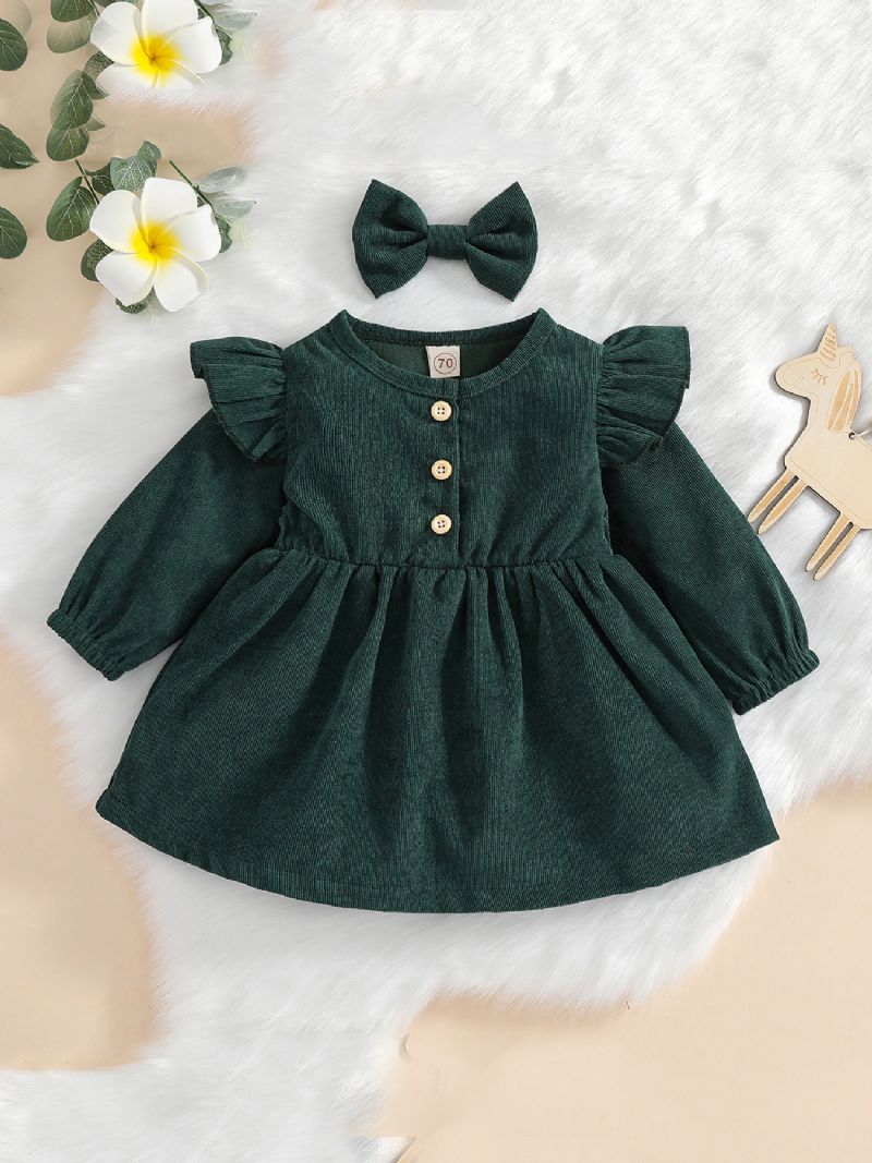 Baby Jenter Corduroy Button Flying Sleeve Dress & Hodeplagg 2stk