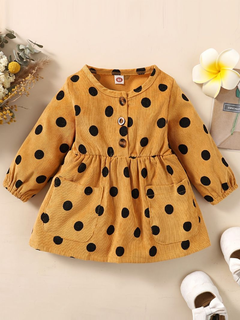 Baby Jenter Dress Langermet Rund Hals Polka Dots Pocket Barneklær