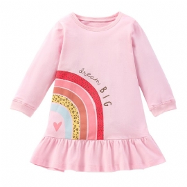 Baby Jenter Dress Rainbow Print Rund Hals Langermet Ruffle Hem Barneklær