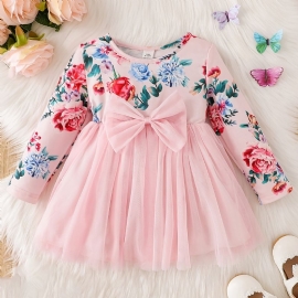 Baby Jenter Elegant Sweet Floral Print Mesh Tutu-kjole Med Sløyfe Til Fest Rosa