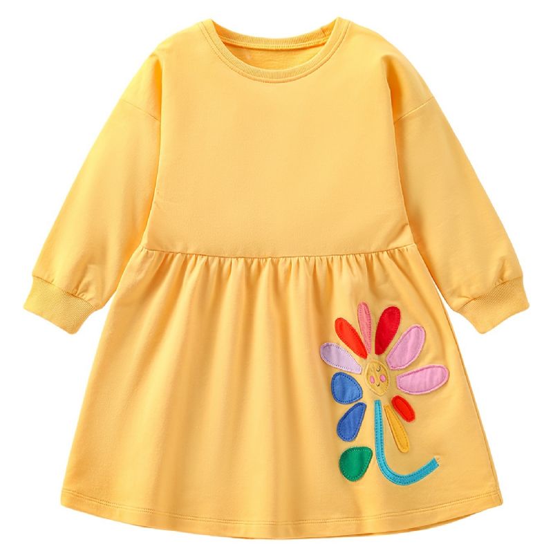 Baby Jenter Flower Patchwork Kjole Langermet Crew Neck Dress Barneklær