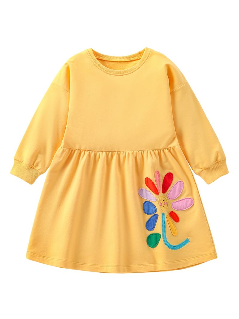 Baby Jenter Flower Patchwork Kjole Langermet Crew Neck Dress Barneklær