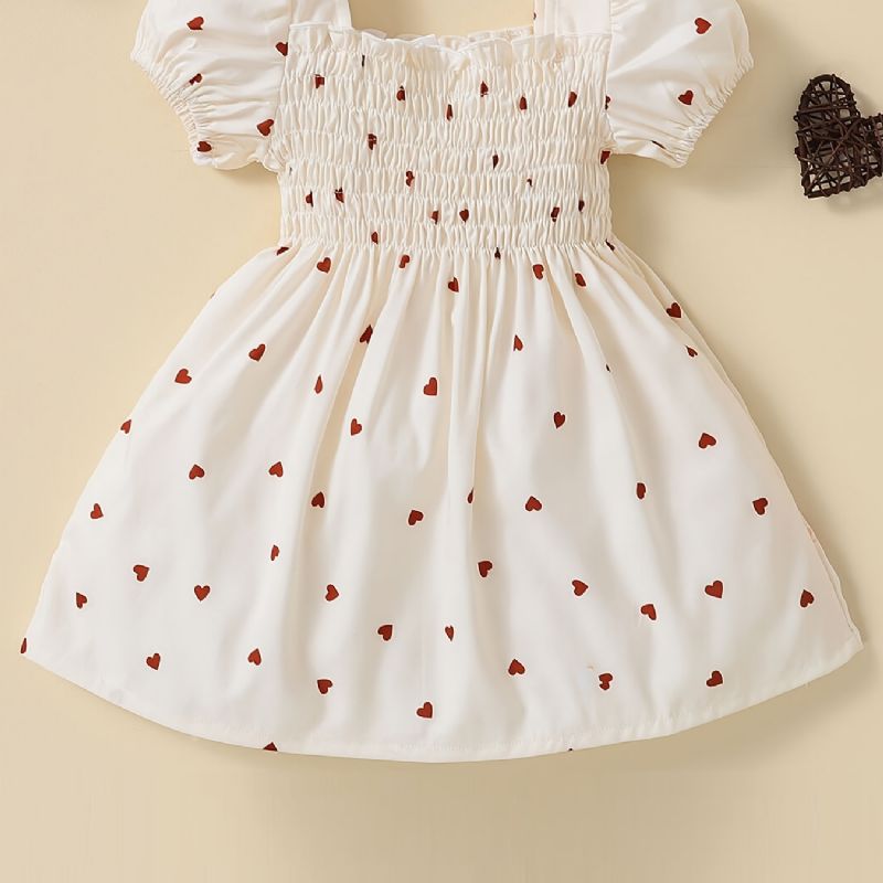 Baby Jenter Heart Print Puffer Sleeve Dress Babyklær