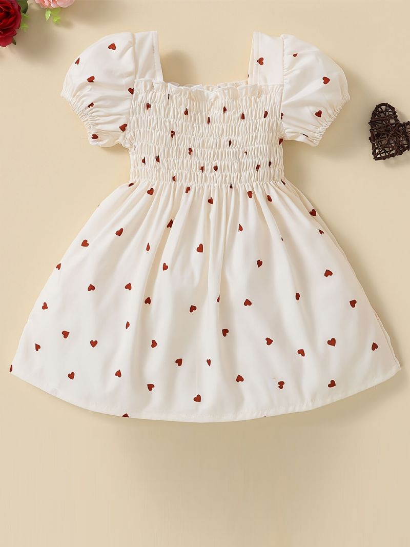 Baby Jenter Heart Print Puffer Sleeve Dress Babyklær