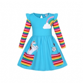 Baby Jenter Lange Ermer Volanger Kjole Unicorn Blomster Broderi Rainbow Pocket Dress Barneklær