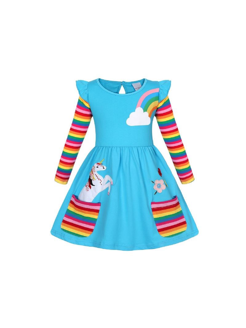 Baby Jenter Lange Ermer Volanger Kjole Unicorn Blomster Broderi Rainbow Pocket Dress Barneklær