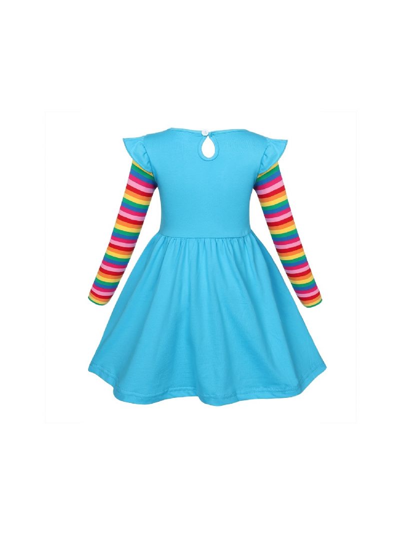 Baby Jenter Lange Ermer Volanger Kjole Unicorn Blomster Broderi Rainbow Pocket Dress Barneklær