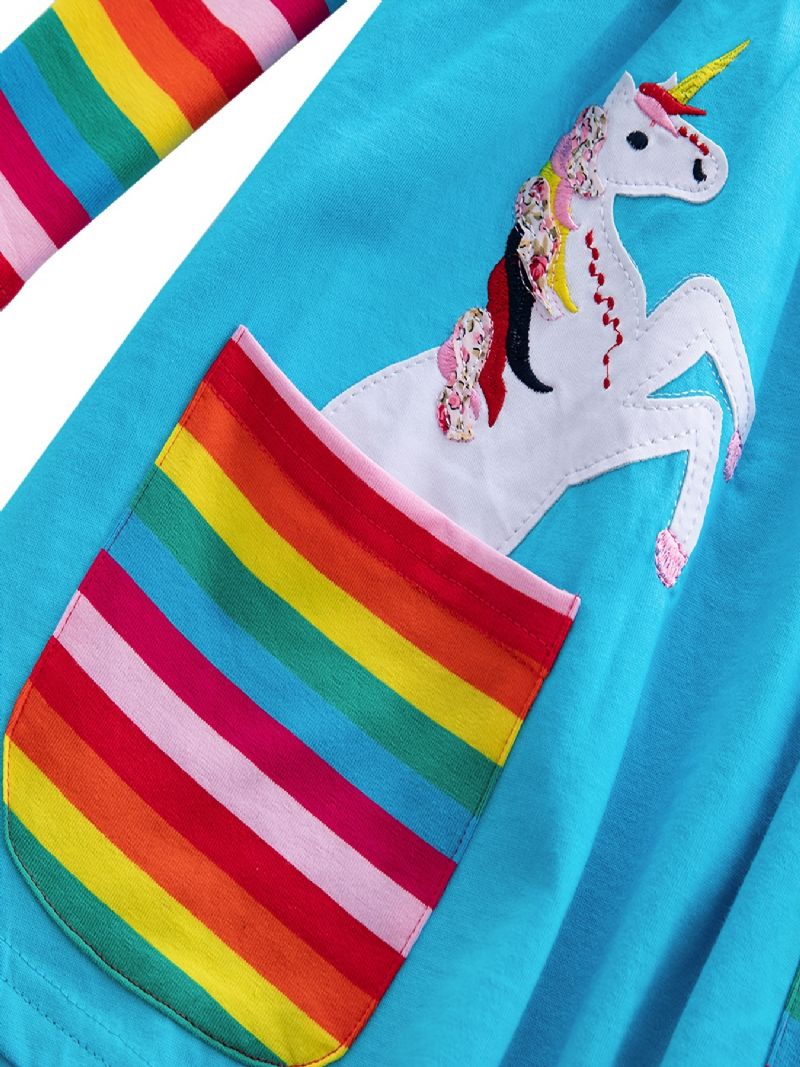 Baby Jenter Lange Ermer Volanger Kjole Unicorn Blomster Broderi Rainbow Pocket Dress Barneklær