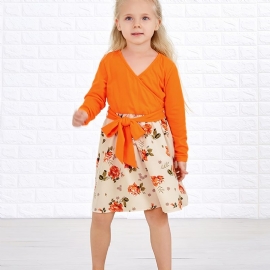 Baby Jenter Langermet Kjole V-hals Blomster Stitching Oransje Barneklær