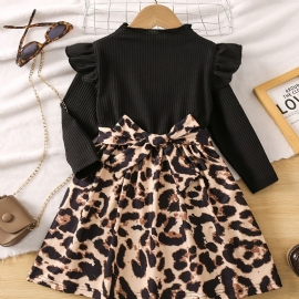 Baby Jenter Langermet Ruffle Trim Dress Leopard Splicing Barneklær