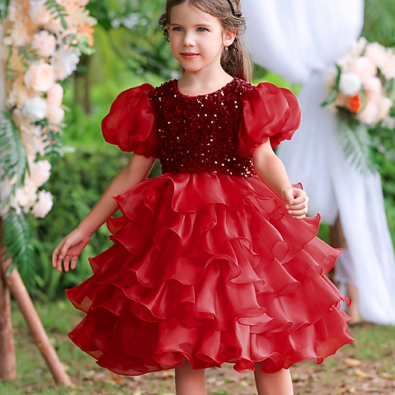 Baby Jenter Puff Sleeve Tutu Dress Paljett Festkjole Prinsessekjole Brudekjole Blomsterjenter & Pannebånd