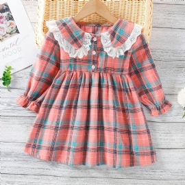 Baby Jenter Rutete Langermet Kjole Patchwork Blonder Ruffled Collar Dress Barneklær