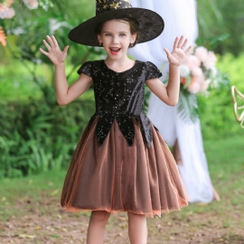 Barn Jenter Halloween Tyll Witches Cosplay Kjole Kortermet Galeballkjole Gazeskjørt Kostyme Bursdagsfestkjole Med Hatt