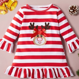 Christmas Baby Langermet Stripet Elk Cartoon Print Dress