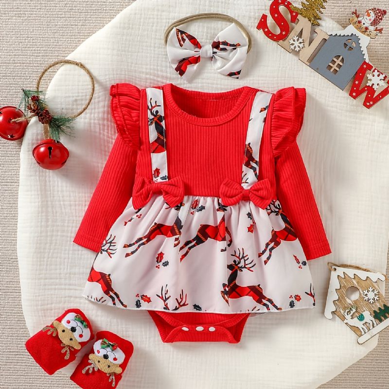 Christmas Jentebaby Elg Print Langermet Triangle Romper Dress Pannebånd