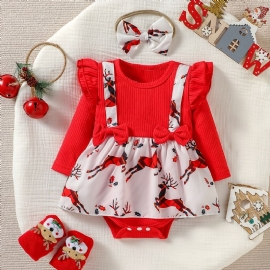 Christmas Jentebaby Elg Print Langermet Triangle Romper Dress Pannebånd