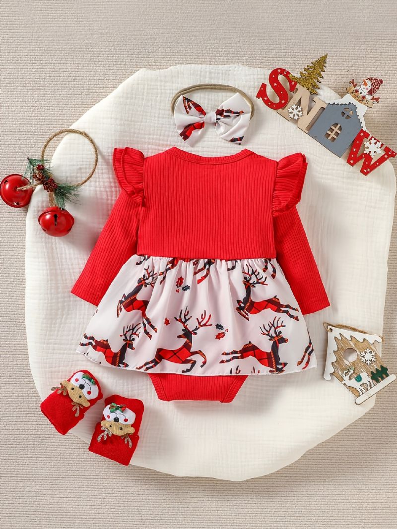 Christmas Jentebaby Elg Print Langermet Triangle Romper Dress Pannebånd