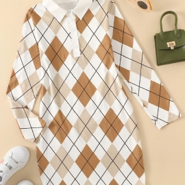 Jente Polo Neck Kjole Med Argyle Print