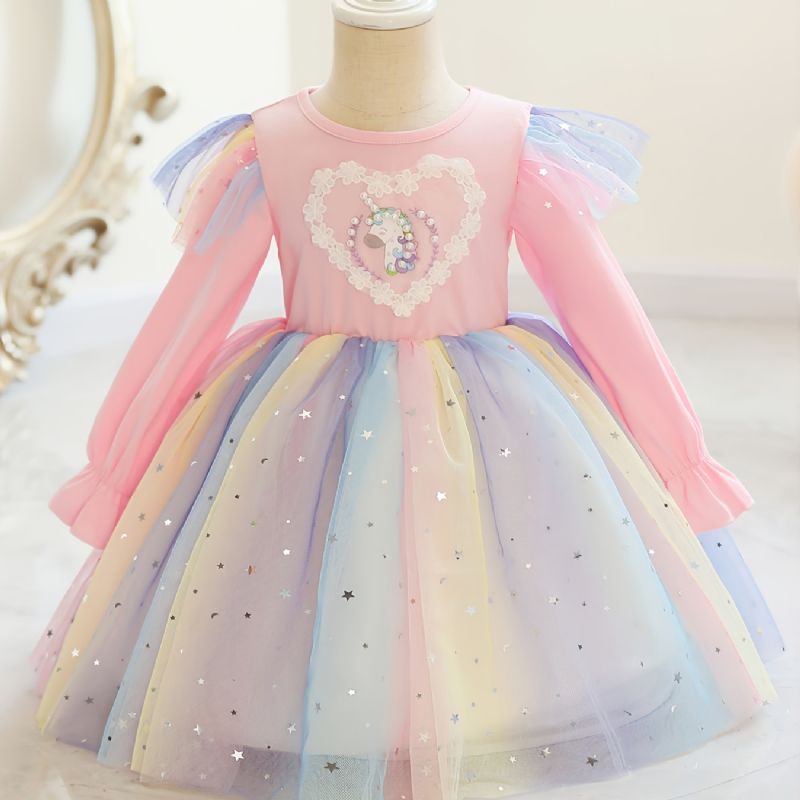 Jentekjole Casual Mote Unicorn Rainbow Paljett Mesh-kjole Til Bursdagsfest Cosplay