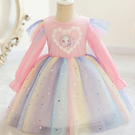 Jentekjole Casual Mote Unicorn Rainbow Paljett Mesh-kjole Til Bursdagsfest Cosplay