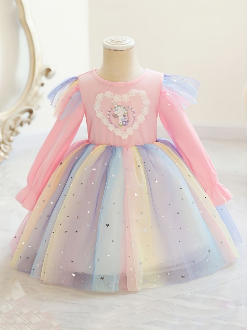 Jentekjole Casual Mote Unicorn Rainbow Paljett Mesh-kjole Til Bursdagsfest Cosplay