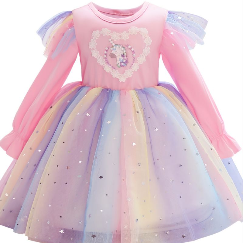 Jentekjole Langermet Unicorn Print Rainbow Paljett Star Mesh Prinsessekjole Tutu Festkjole