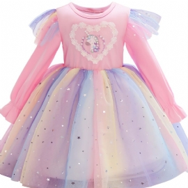 Jentekjole Langermet Unicorn Print Rainbow Paljett Star Mesh Prinsessekjole Tutu Festkjole