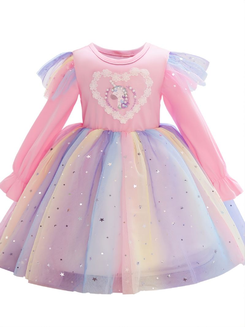 Jentekjole Langermet Unicorn Print Rainbow Paljett Star Mesh Prinsessekjole Tutu Festkjole