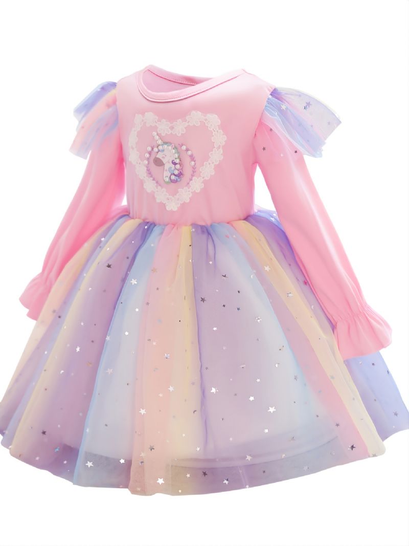 Jentekjole Langermet Unicorn Print Rainbow Paljett Star Mesh Prinsessekjole Tutu Festkjole