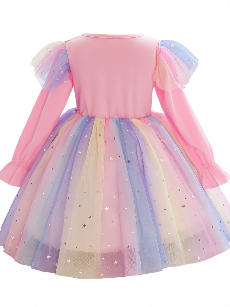 Jentekjole Langermet Unicorn Print Rainbow Paljett Star Mesh Prinsessekjole Tutu Festkjole