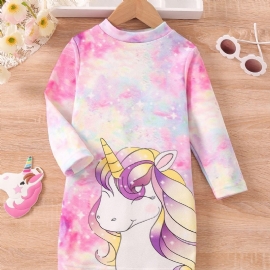 Jentekjole Tie Dye Unicorn Print Langermet Kjole Prinsessekjole