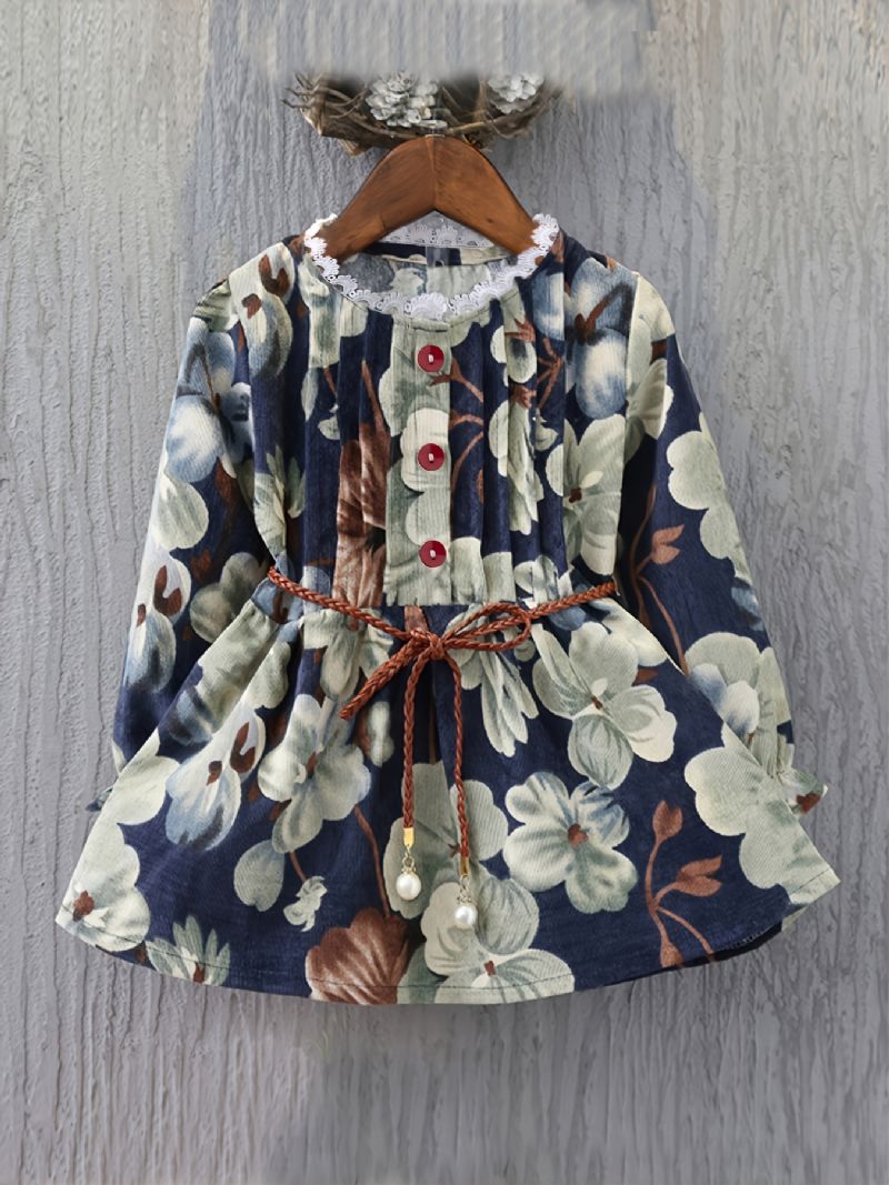 Jentekjoler Vintage Snøring Enkel Breasted Kjole Med Blomstertrykk For Barn