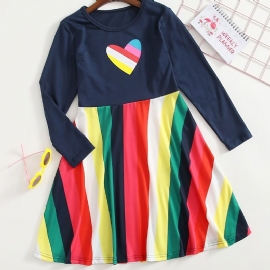 Jenter Casual Rainbow Striped Heart Print Dress For Winter Party