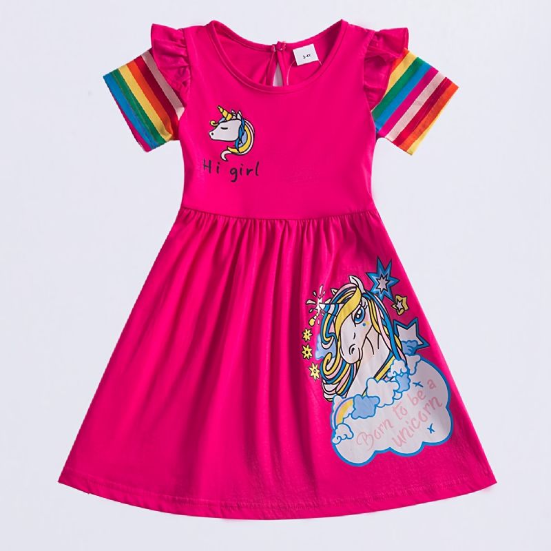 Jenter Casual Tegneserie Bomullskjole Med Unicorn Rainbow Hi Jent Print