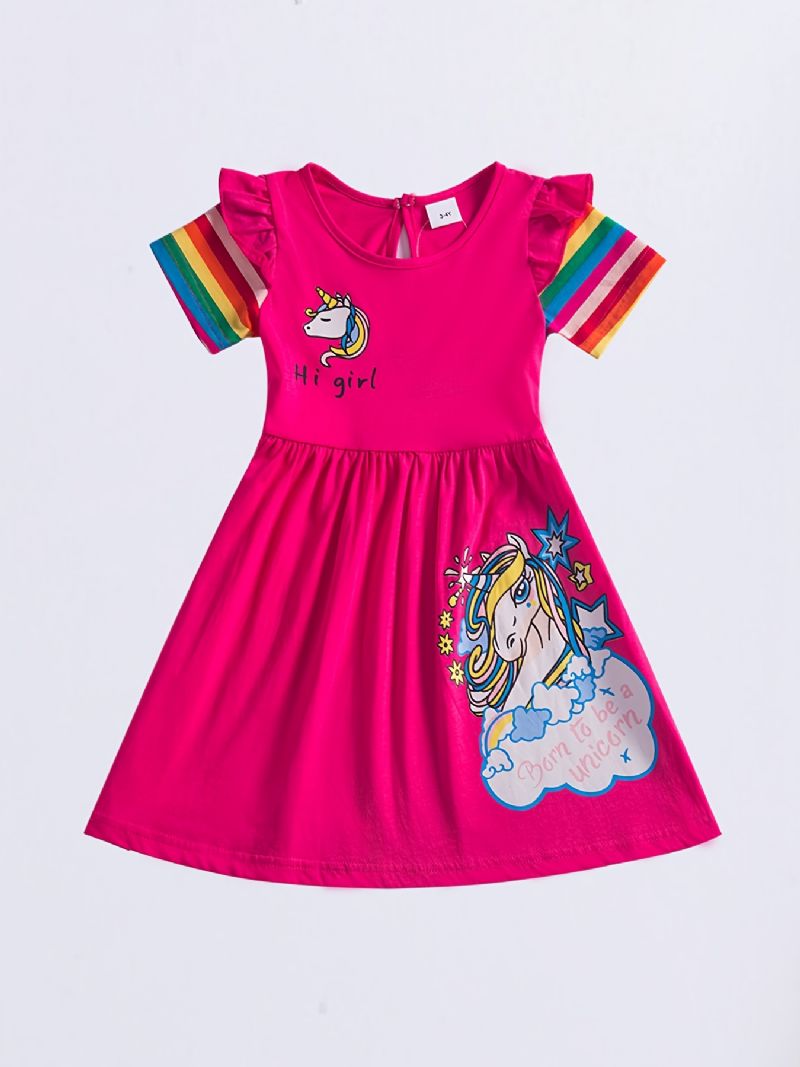 Jenter Casual Tegneserie Bomullskjole Med Unicorn Rainbow Hi Jent Print