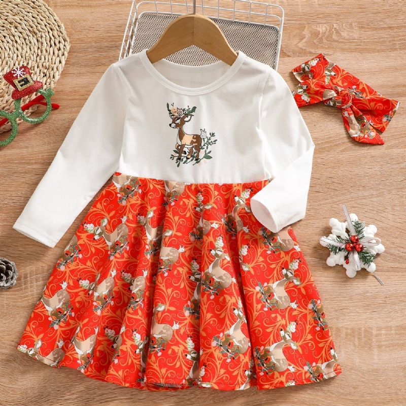 Jenter Christmas Crew Neck Langermet Elk Print Dress