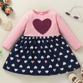 Jenter Cute Elegant Heart Print Princess Dress Langermet Color Block For Winter