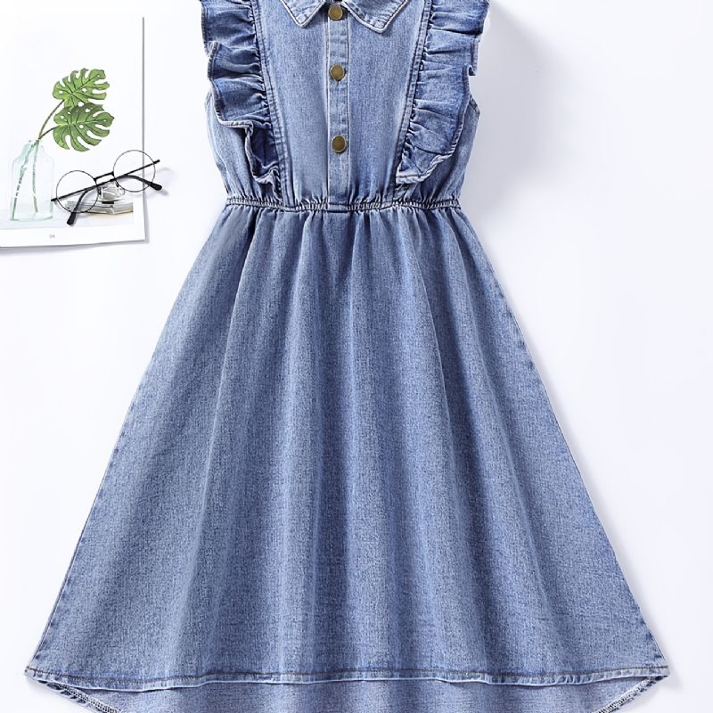 Jenter Denim Kjole Ermeløs Solid Ruffle Dress Barneklær