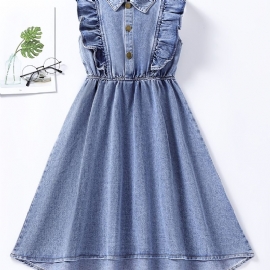 Jenter Denim Kjole Ermeløs Solid Ruffle Dress Barneklær